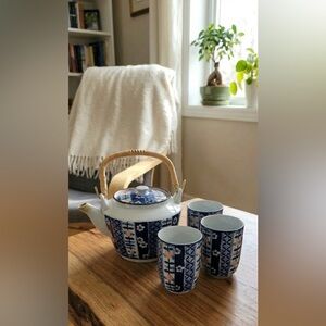 Vintage Japanese Kozamine Arita Ware Blue & White Tea Set Teapot 3 Cups c. 1980s